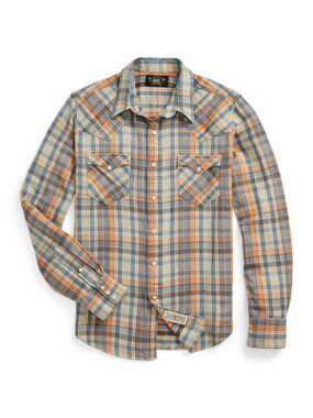 Ralph Lauren Double RL Men's Casual Plaid Western Work Shirt - Orange and Green